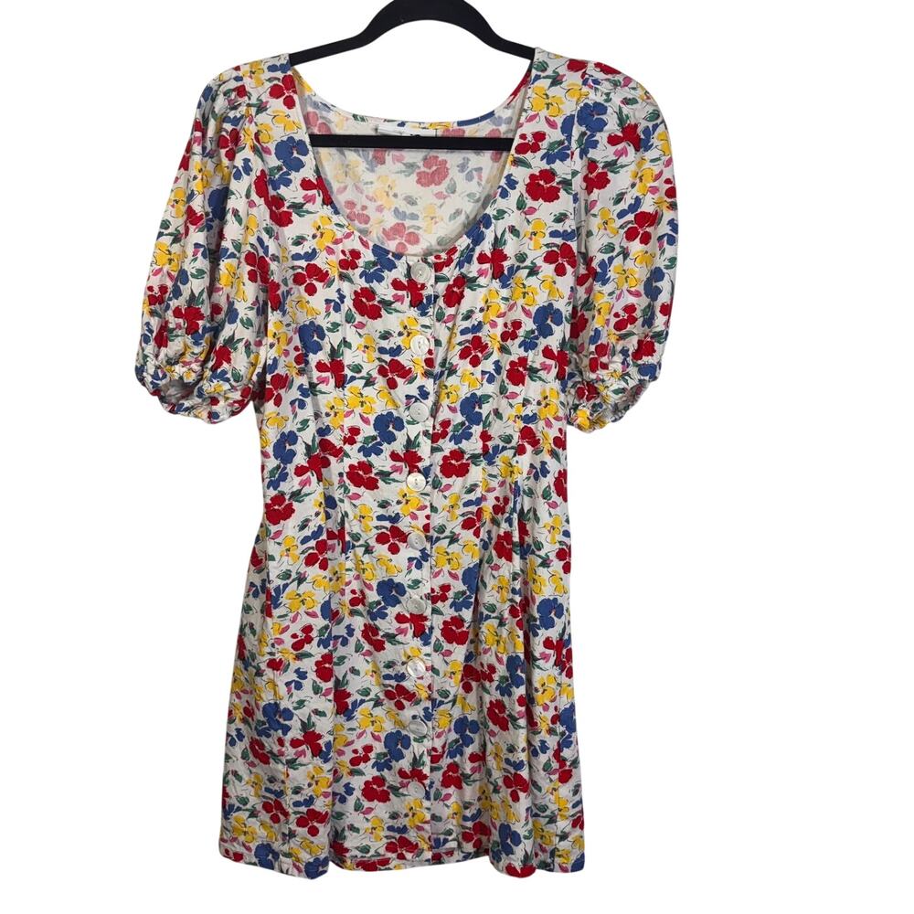 Rixo Floral Button Front Dress Puff Sleeve Linen Blend Midi Size 12